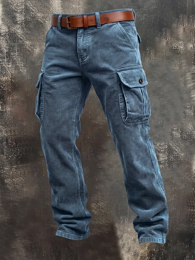 Men'S Corduroy Retro Loose Workwear Three-Dimensional Multi Pocket Casual Pants