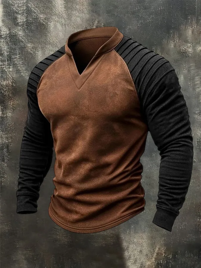 Men'S Raglan Sleeve Deerskin Velvet Patchwork Long Sleeved Top