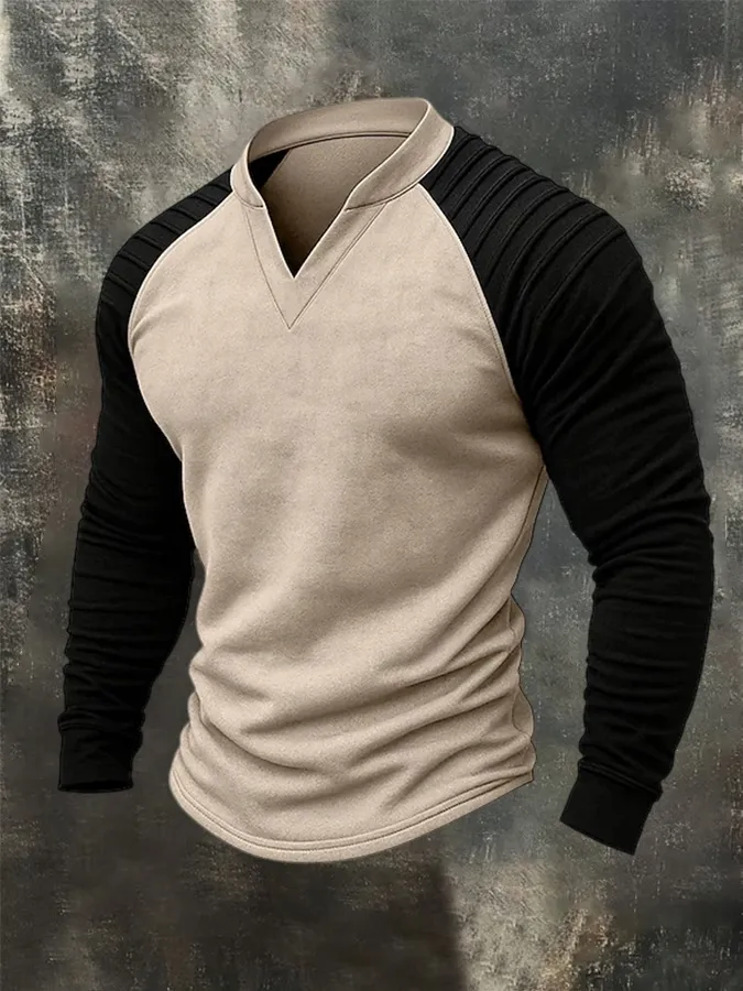 Men'S Raglan Sleeve Deerskin Velvet Patchwork Long Sleeved Top