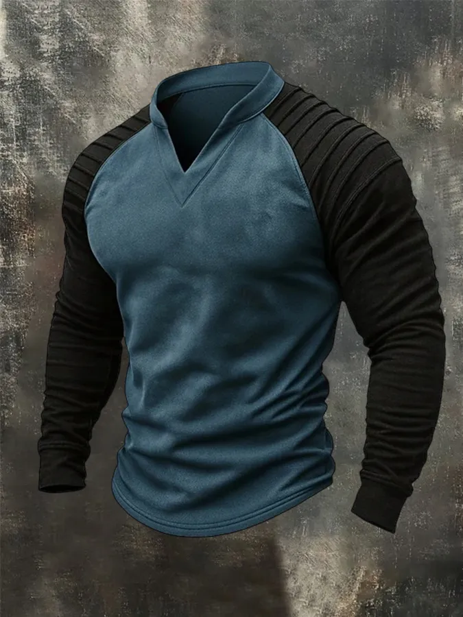 Men'S Raglan Sleeve Deerskin Velvet Patchwork Long Sleeved Top