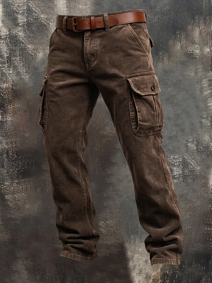 Men'S Corduroy Retro Loose Workwear Three-Dimensional Multi Pocket Casual Pants