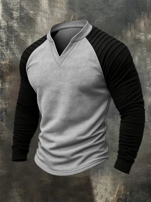Men'S Raglan Sleeve Deerskin Velvet Patchwork Long Sleeved Top