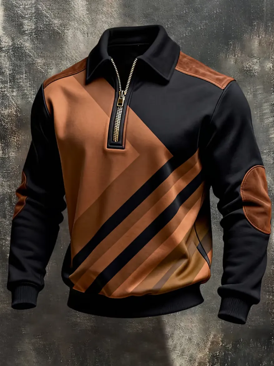 Men's Retro Color Block Print Color-Blocked Zip-Up Sweatshirt