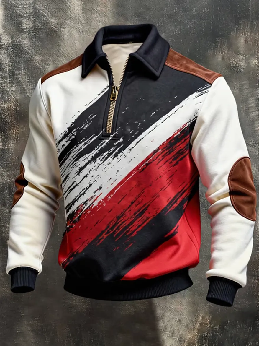 Men's Retro Color Block Print Color-Blocked Zip-Up Sweatshirt