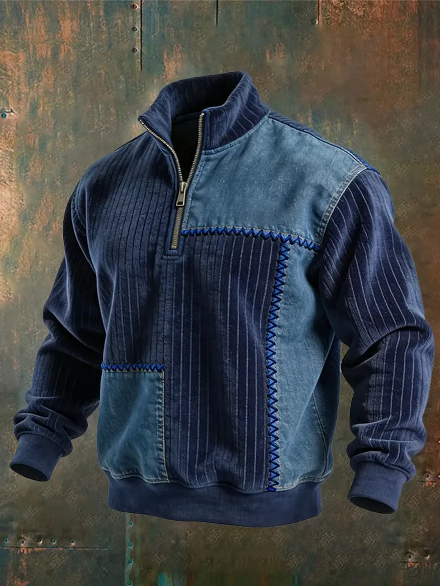 Men's Retro Color Block Print Color-Blocked Zip-Up Sweatshirt