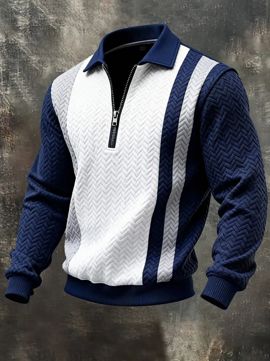 Men's Retro Color Block Print Color-Blocked Zip-Up Sweatshirt
