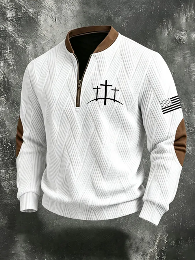 Men'S Faith Cross Printed Zipper Collar Sweatshirt