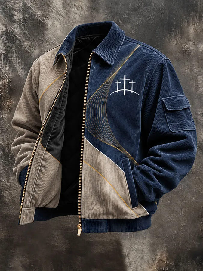 Men's Vintage Faith Cross Print Zip Up Jacket