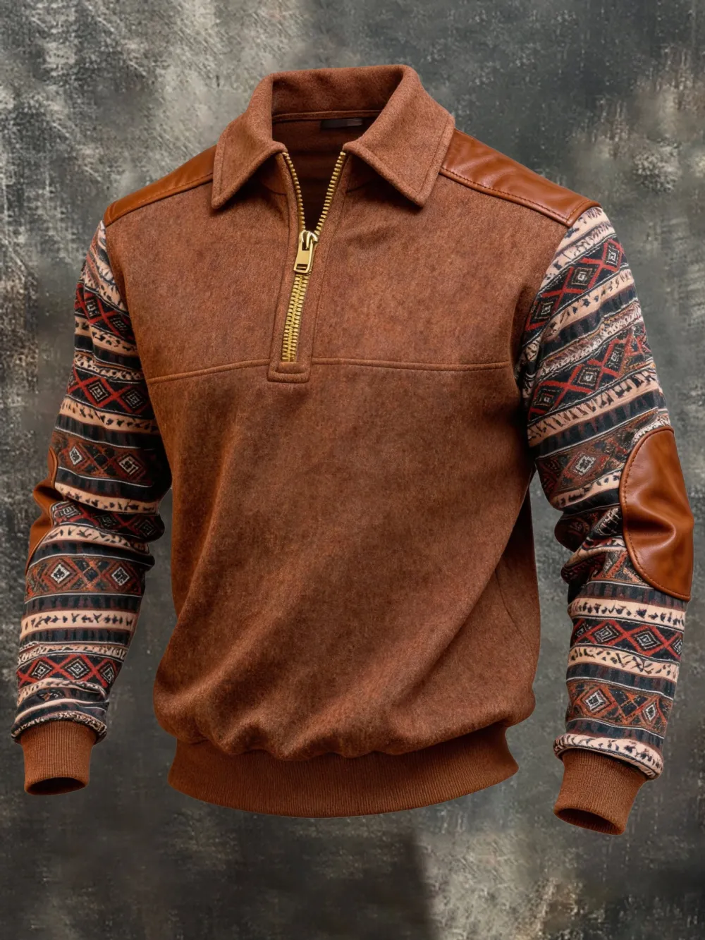 Men's Retro Color Block Print Color-Blocked Zip-Up Sweatshirt