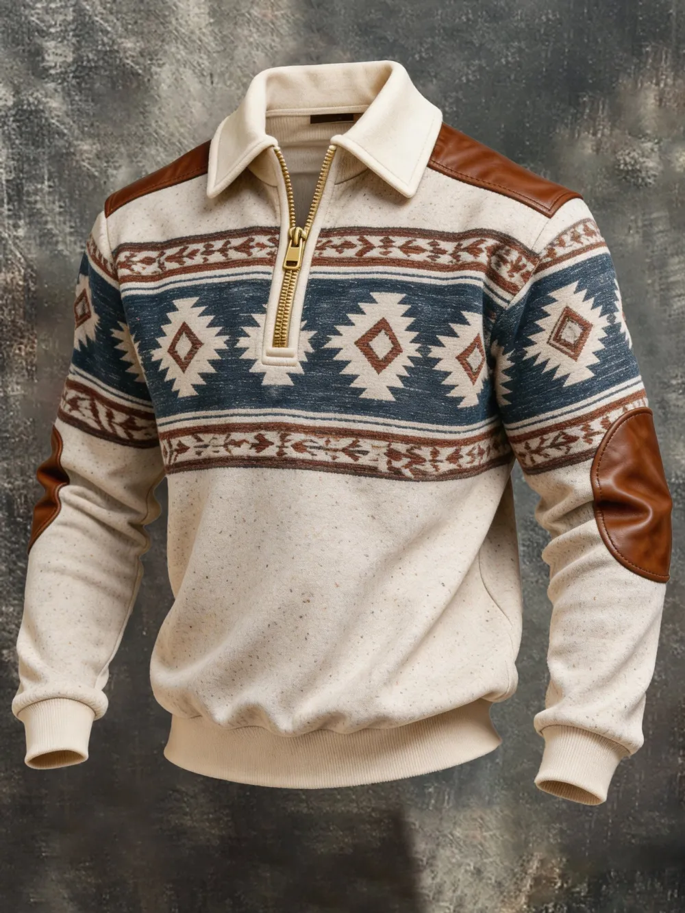 Men's Retro Color Block Print Color-Blocked Zip-Up Sweatshirt