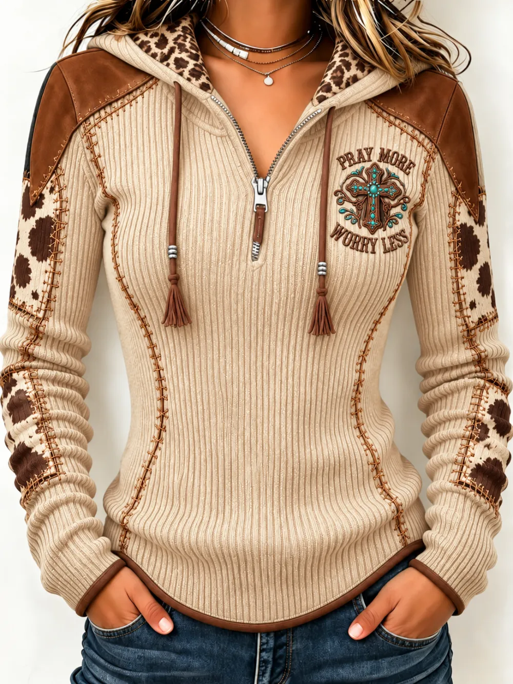 Women'S Contrasting Printed Zipper Hoodie