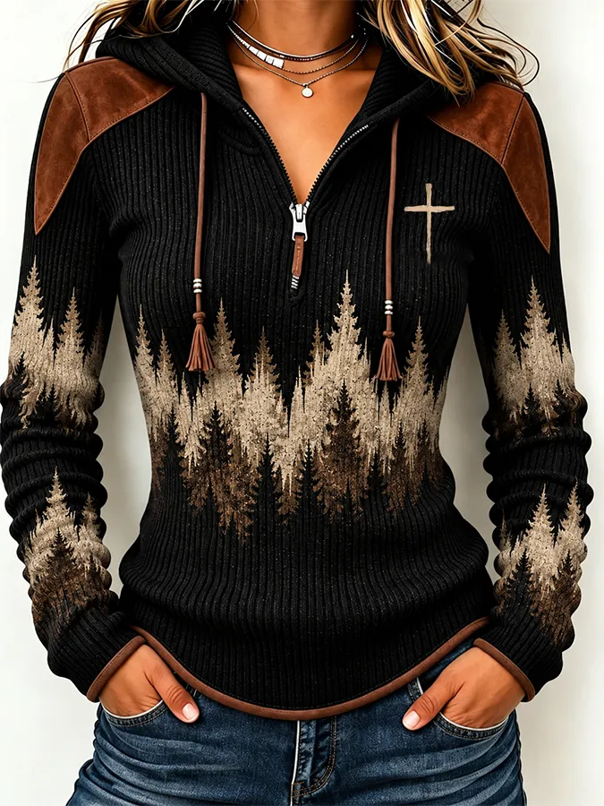Women'S Contrasting Printed Zipper Hoodie