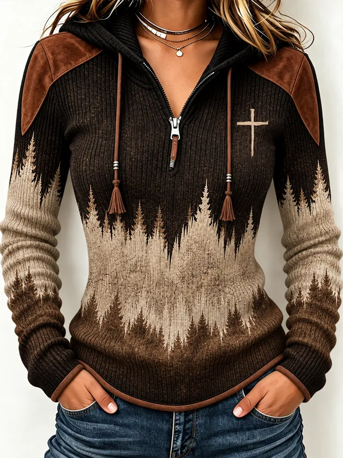 Women'S Contrasting Printed Zipper Hoodie