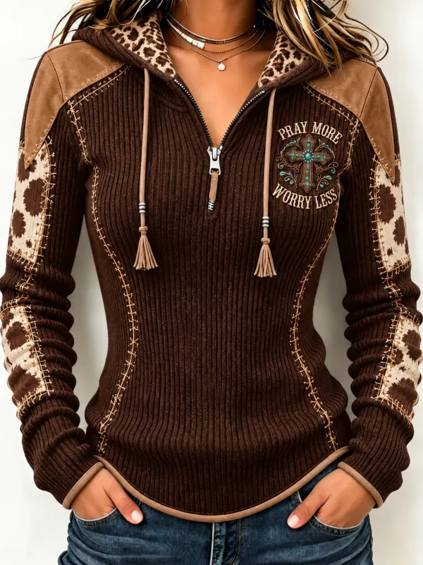 Women'S Contrasting Printed Zipper Hoodie
