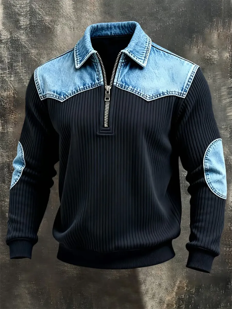 Men'S Retro Color Block Print Color-Blocked Zip-Up Sweatshirt