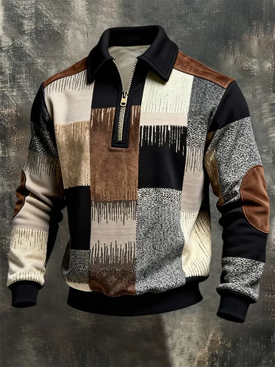 Men'S Retro Color Block Print Color-Blocked Zip-Up Sweatshirt