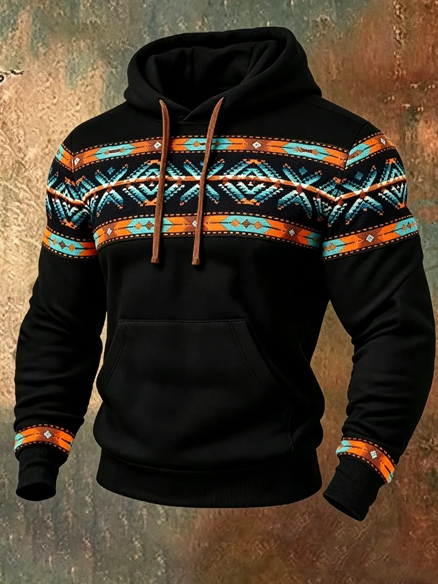 Men's retro western hooded casual printed sweatshirt