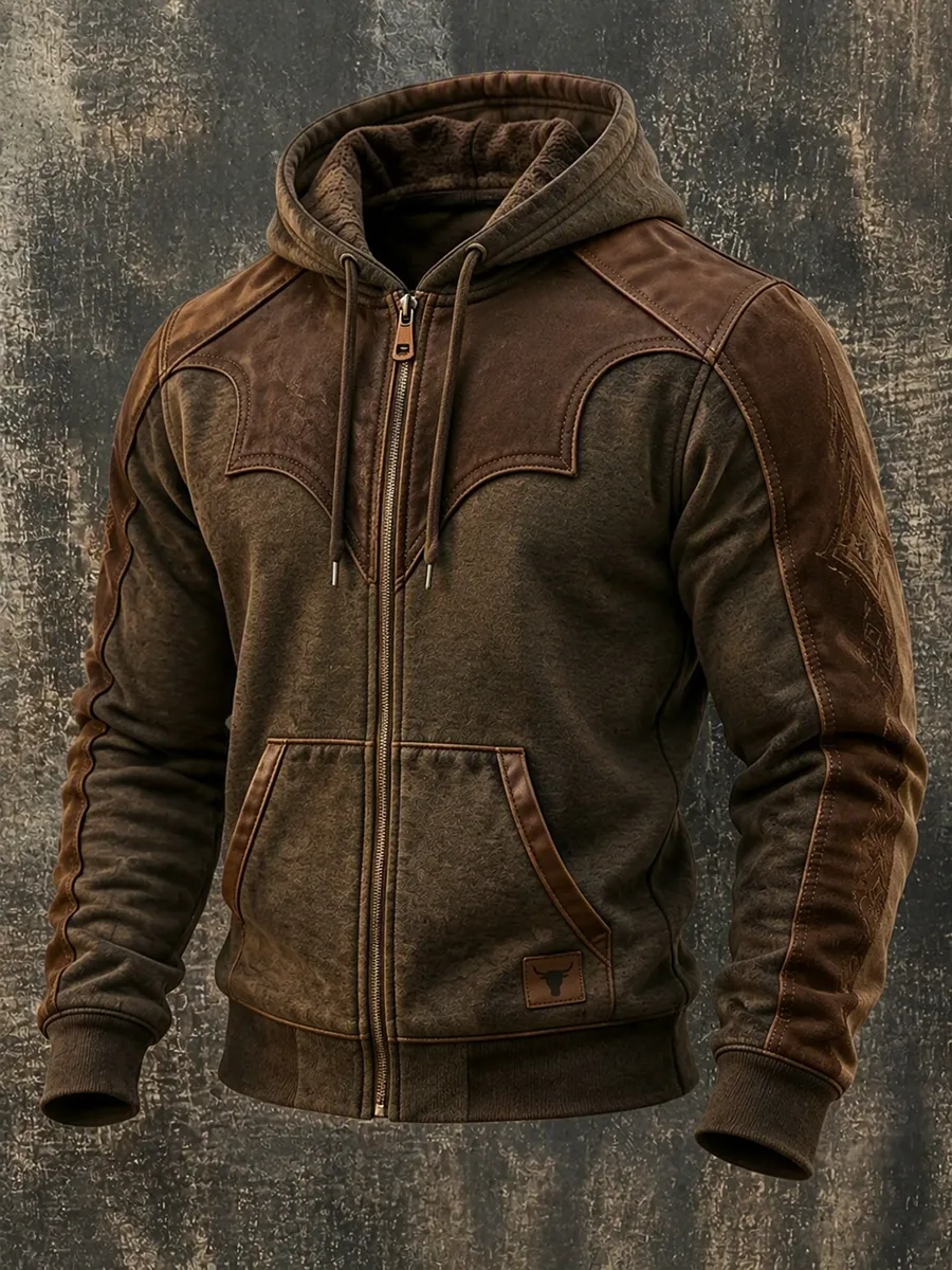 Men'S Retro Patchwork Zipper Pocket Hoodie