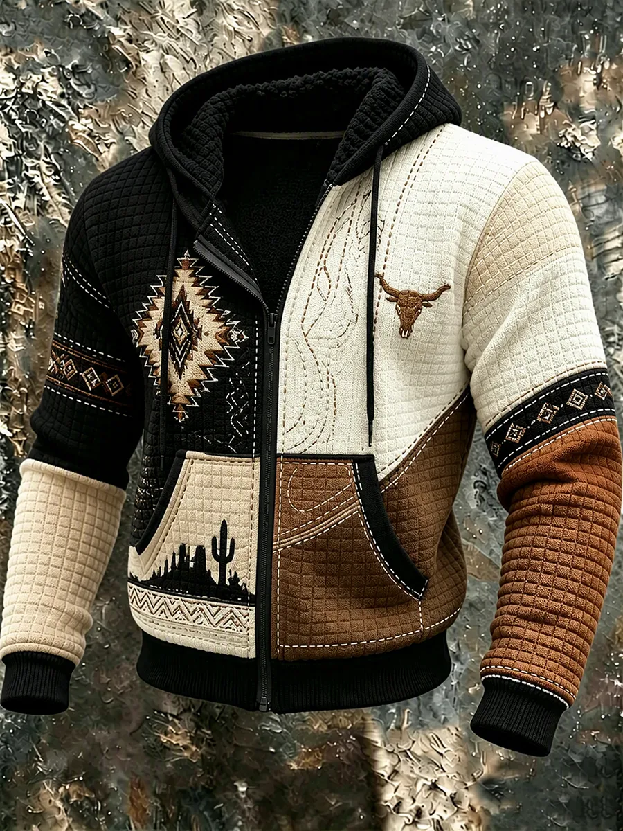Men's Art Retro Contrast Zip Up Hoodie