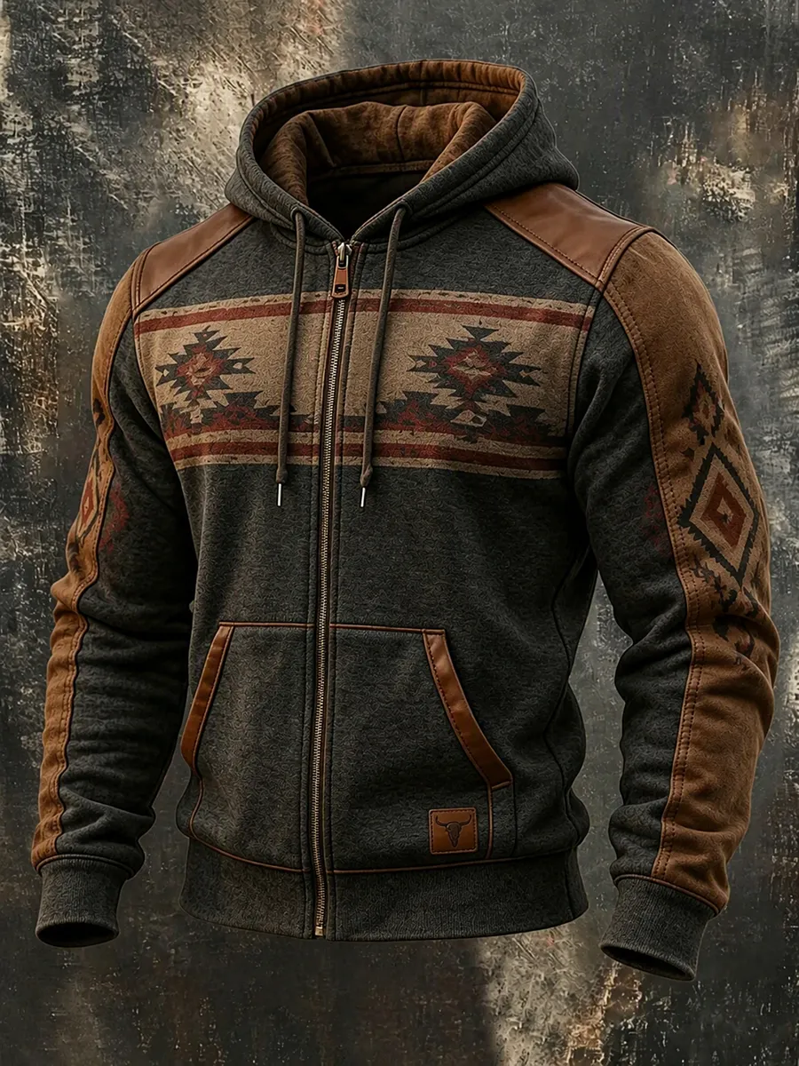 Men'S Retro Patchwork Zipper Pocket Hoodie