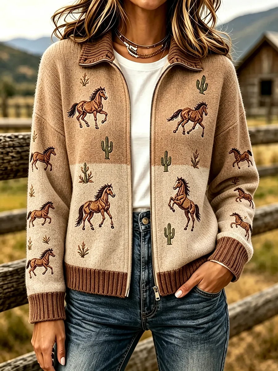 Women'S Retro Western Horse Pattern Knitted Zipper Cardigan