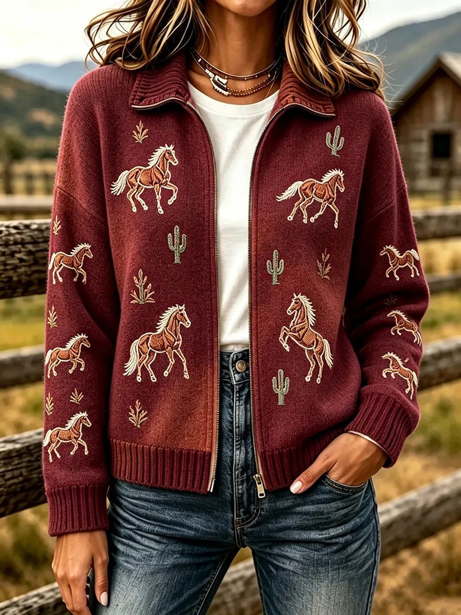 Women'S Retro Western Horse Pattern Knitted Zipper Cardigan