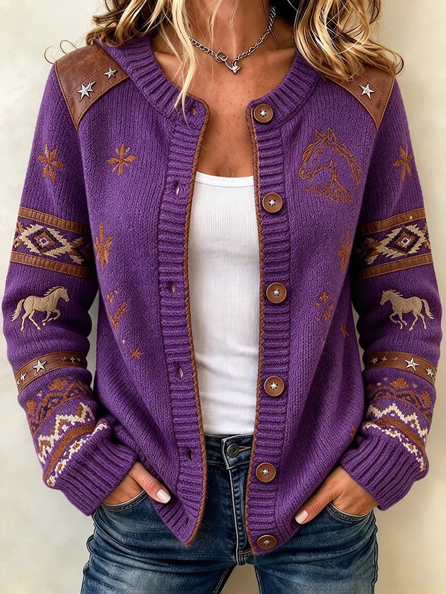 Women'S Pink Western Style Horse Pattern Cardigan