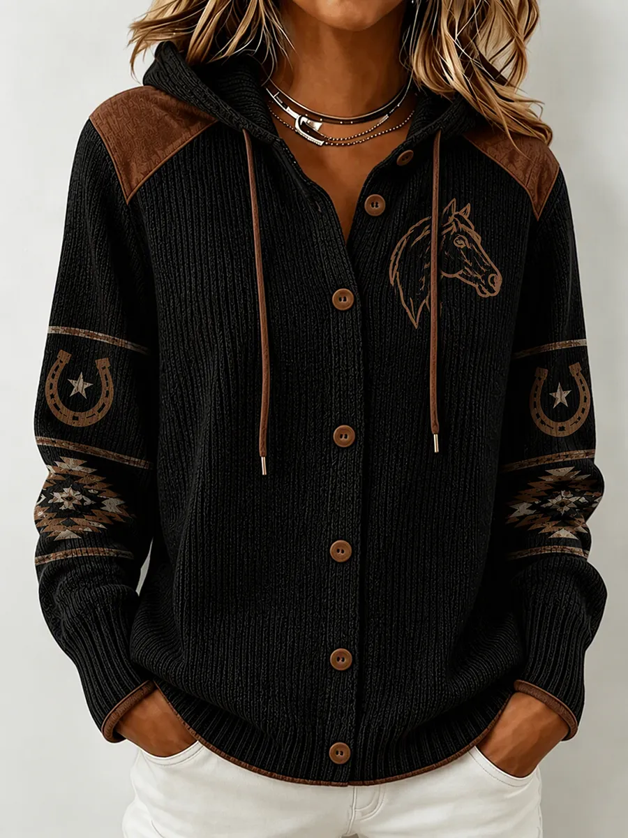 Women'S Contrasting Printed Zipper Hoodie
