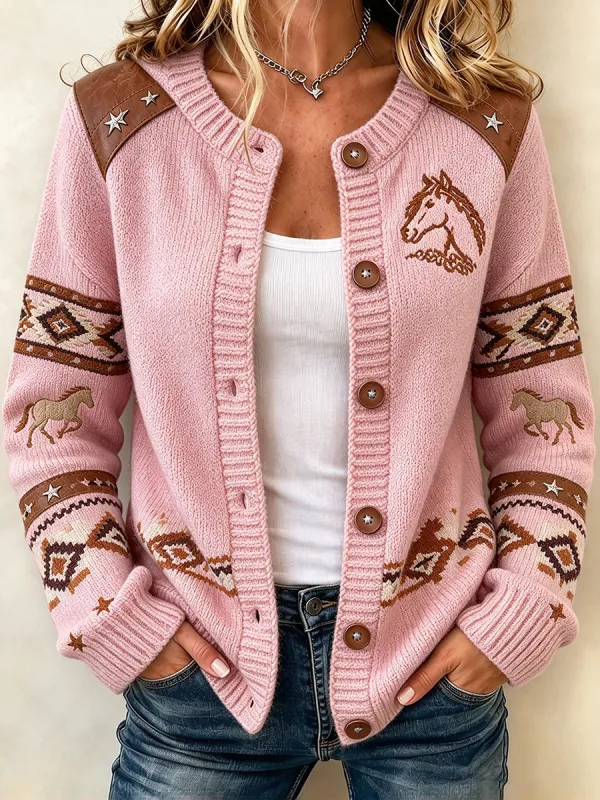 Women'S Pink Western Style Horse Pattern Cardigan