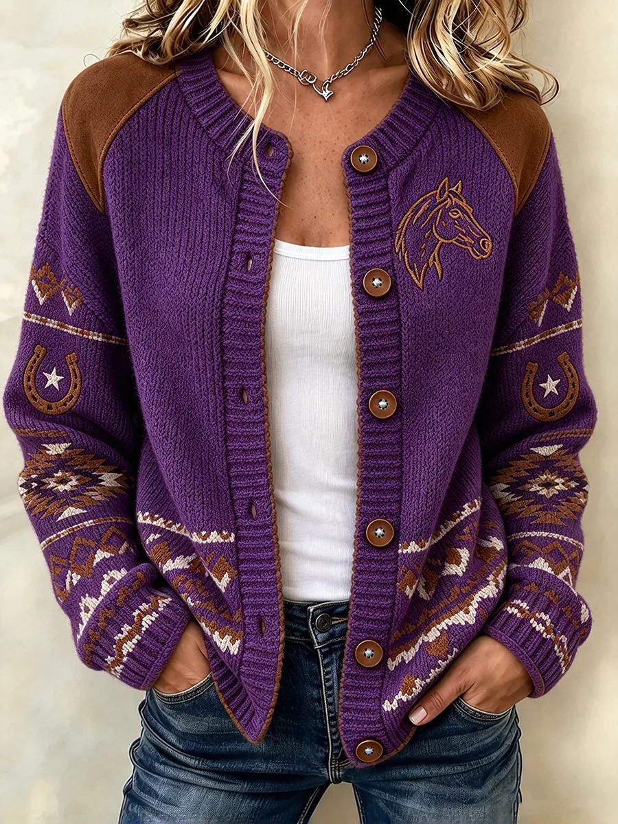 Women'S Pink Western Style Horse Pattern Cardigan
