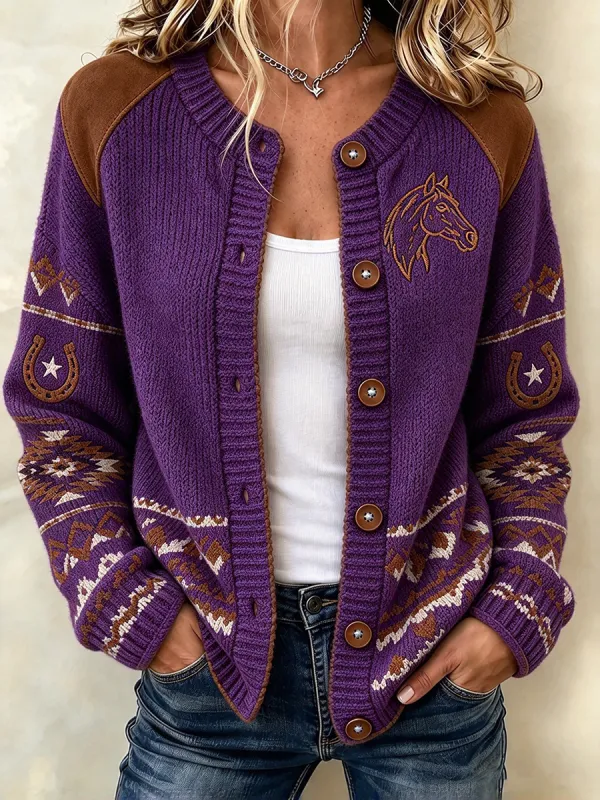 Women'S Pink Western Style Horse Pattern Cardigan