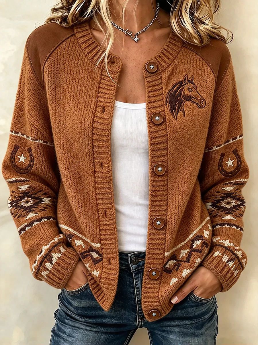 Women'S Pink Western Style Horse Pattern Cardigan