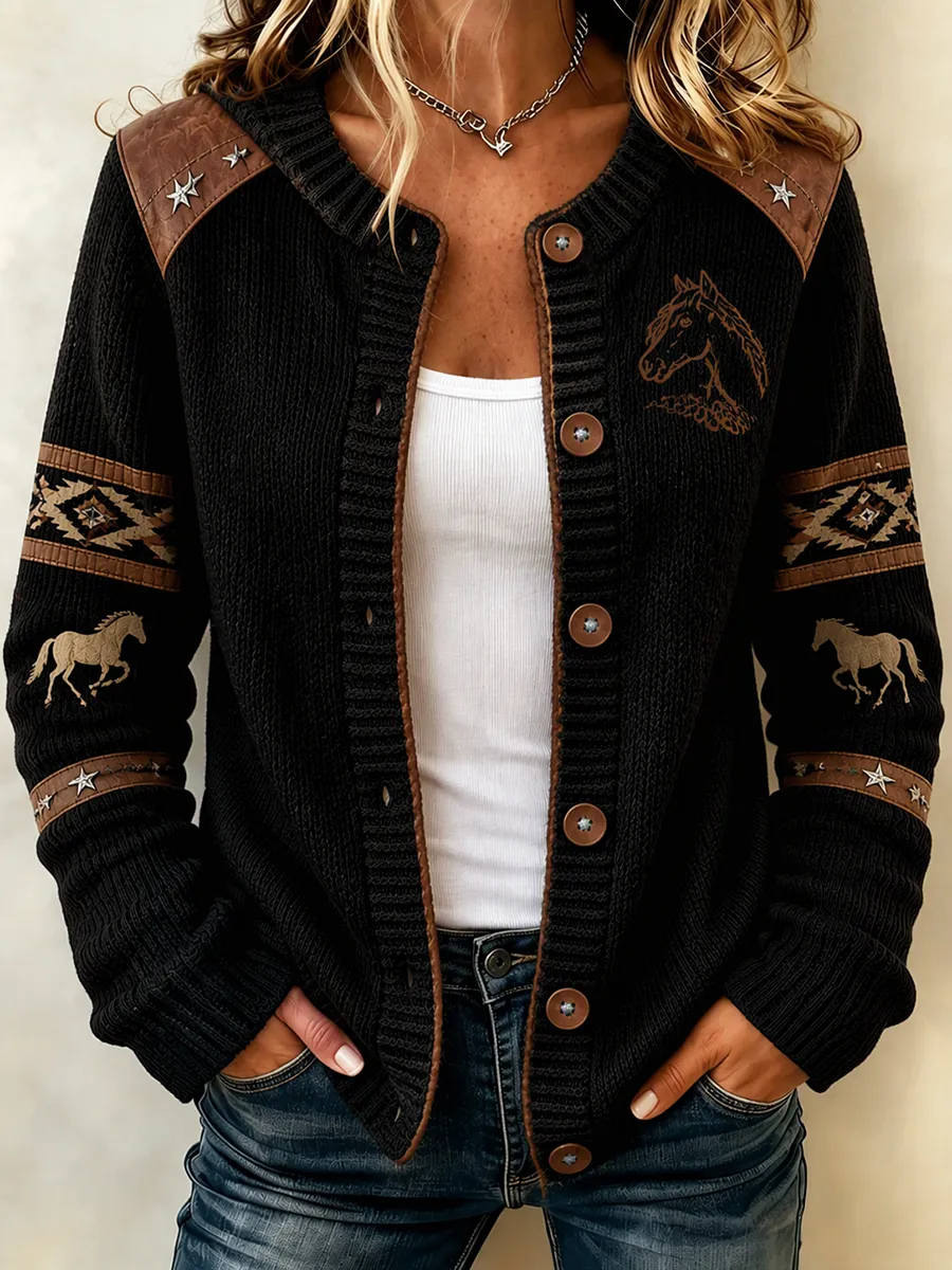 Women'S Pink Western Style Horse Pattern Cardigan