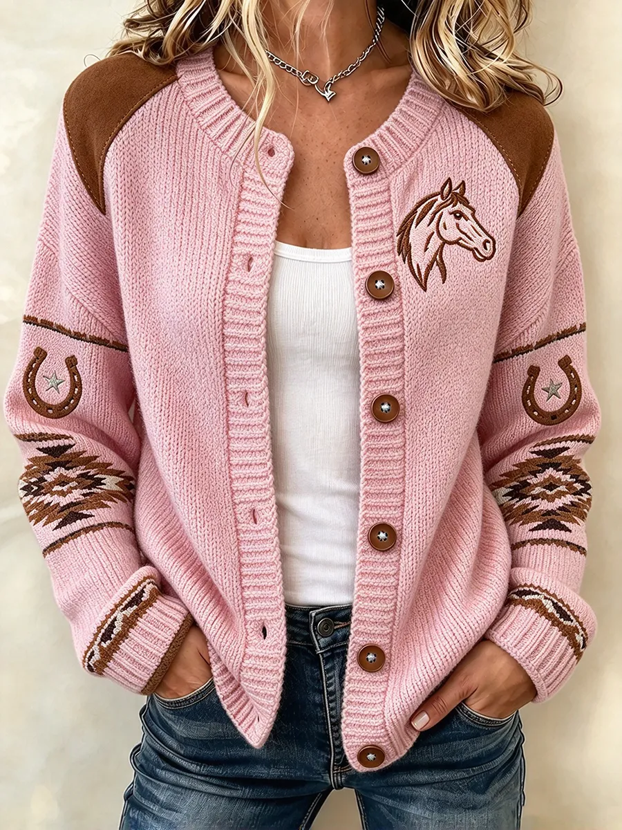 Women'S Pink Western Style Horse Pattern Cardigan