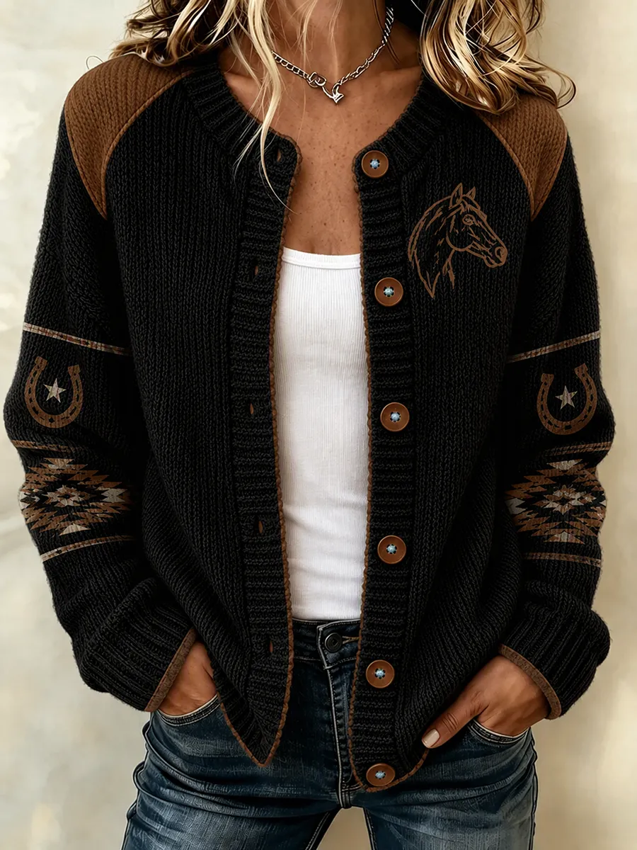 Women'S Pink Western Style Horse Pattern Cardigan