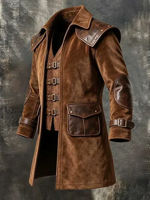Men's Vintage-Style Faux-Layered Jacket with Leather Paneling