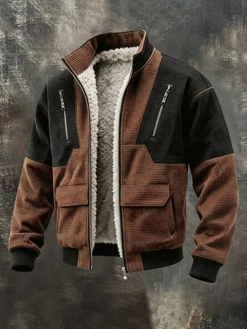 Men's Color-Block Fleece-Lined Stand-Collar Jacket