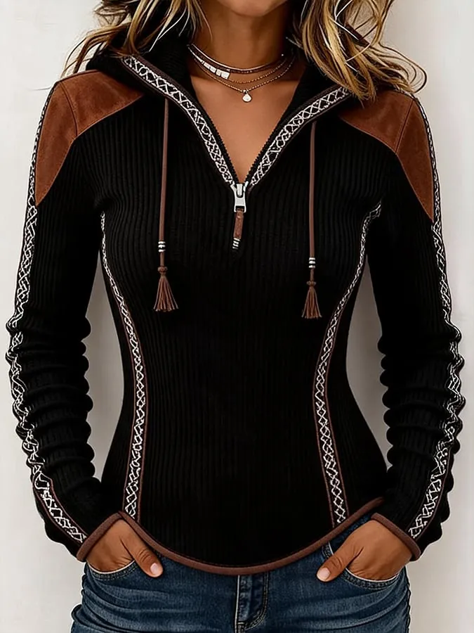 Women's Retro Patchwork Print Hooded Sweatshirt