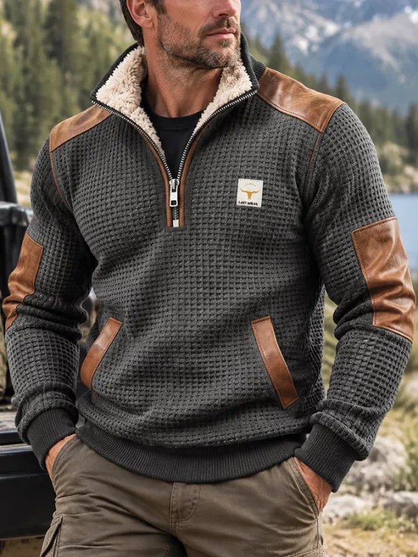 Men's Retro Textured Waffle-Knit Fleece-Lined Zip-Neck Sweatshirt