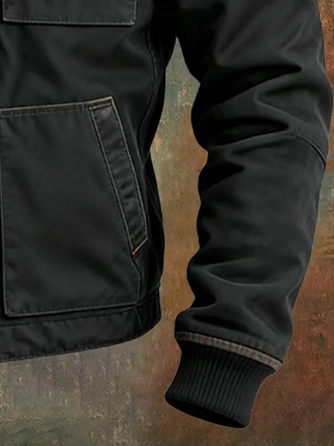 Men's Retro Woven Pure Cotton Twill Multi-pocket Fleece-lined Outdoor Jacket