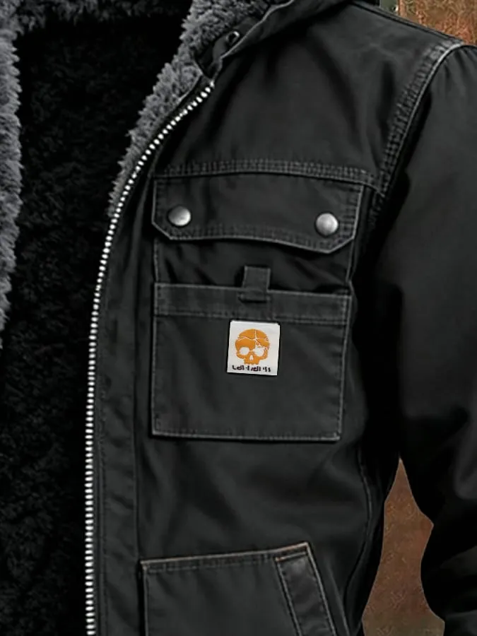 Men's Retro Woven Pure Cotton Twill Multi-pocket Fleece-lined Outdoor Jacket