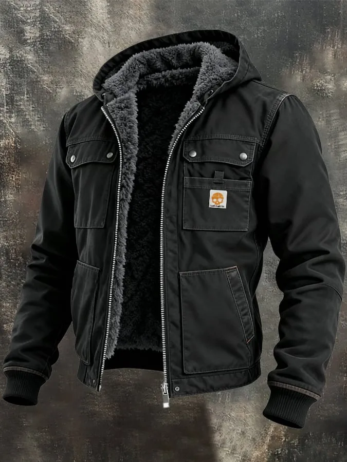 Men's Retro Woven Pure Cotton Twill Multi-pocket Fleece-lined Outdoor Jacket