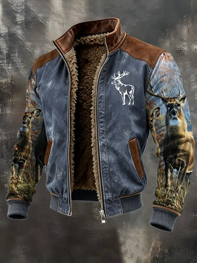 Men's Western Elk Retro Fleece Zip-Up Pullover Jacket