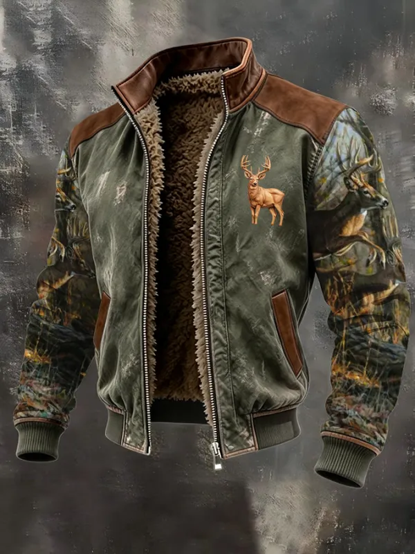 Men's Western Elk Retro Fleece Zip-Up Pullover Jacket