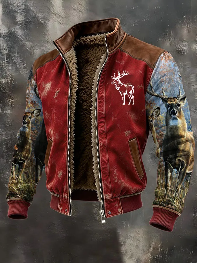 Men's Western Elk Retro Fleece Zip-Up Pullover Jacket