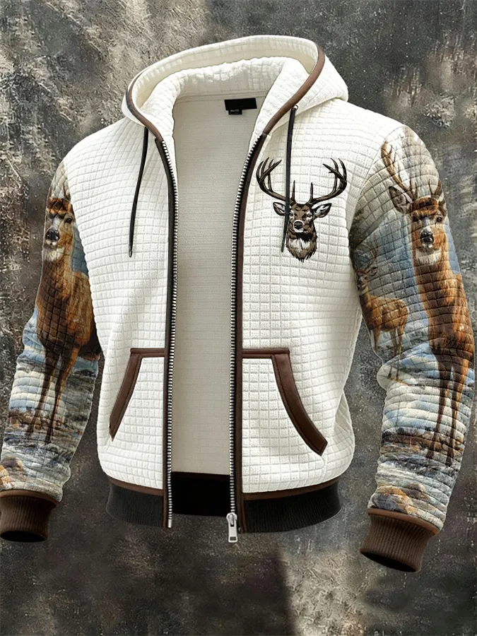 Men's Western Elk Print Zip-Up Jacket