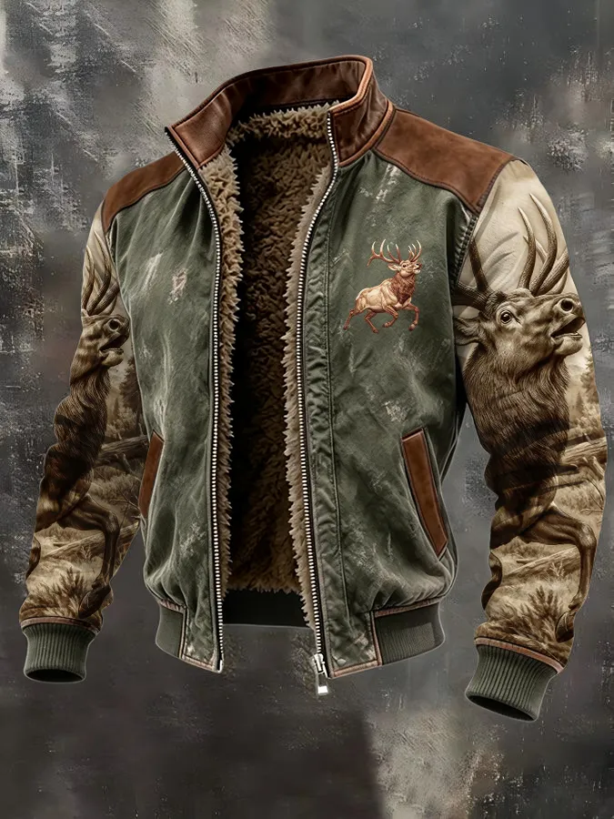 Men's Western Elk Retro Fleece Zip-Up Pullover Jacket