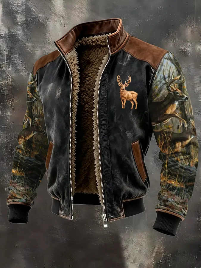Men's Western Elk Retro Fleece Zip-Up Pullover Jacket