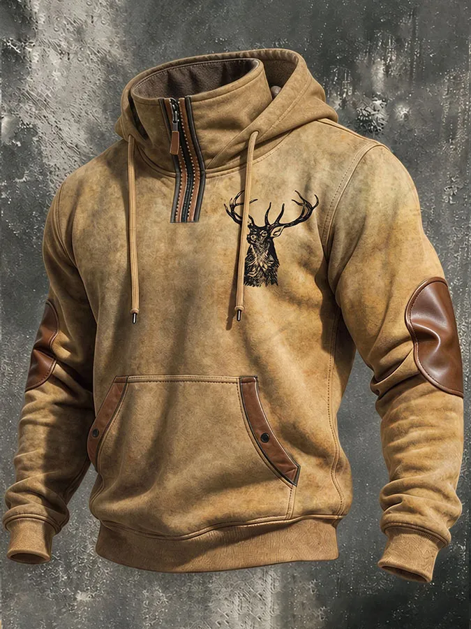 Men'S Vintage Western Elk  Printed Casual Hoodie