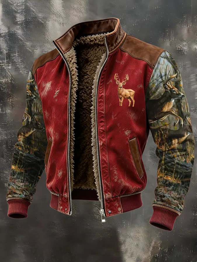 Men's Western Elk Retro Fleece Zip-Up Pullover Jacket